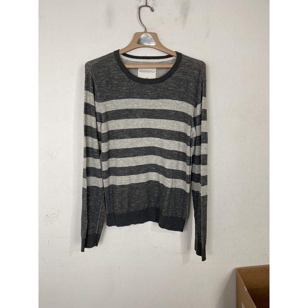 Aeropostale Women Sweater Small Gray Striped Emo Scene Y2K Goth Grunge Crew Neck